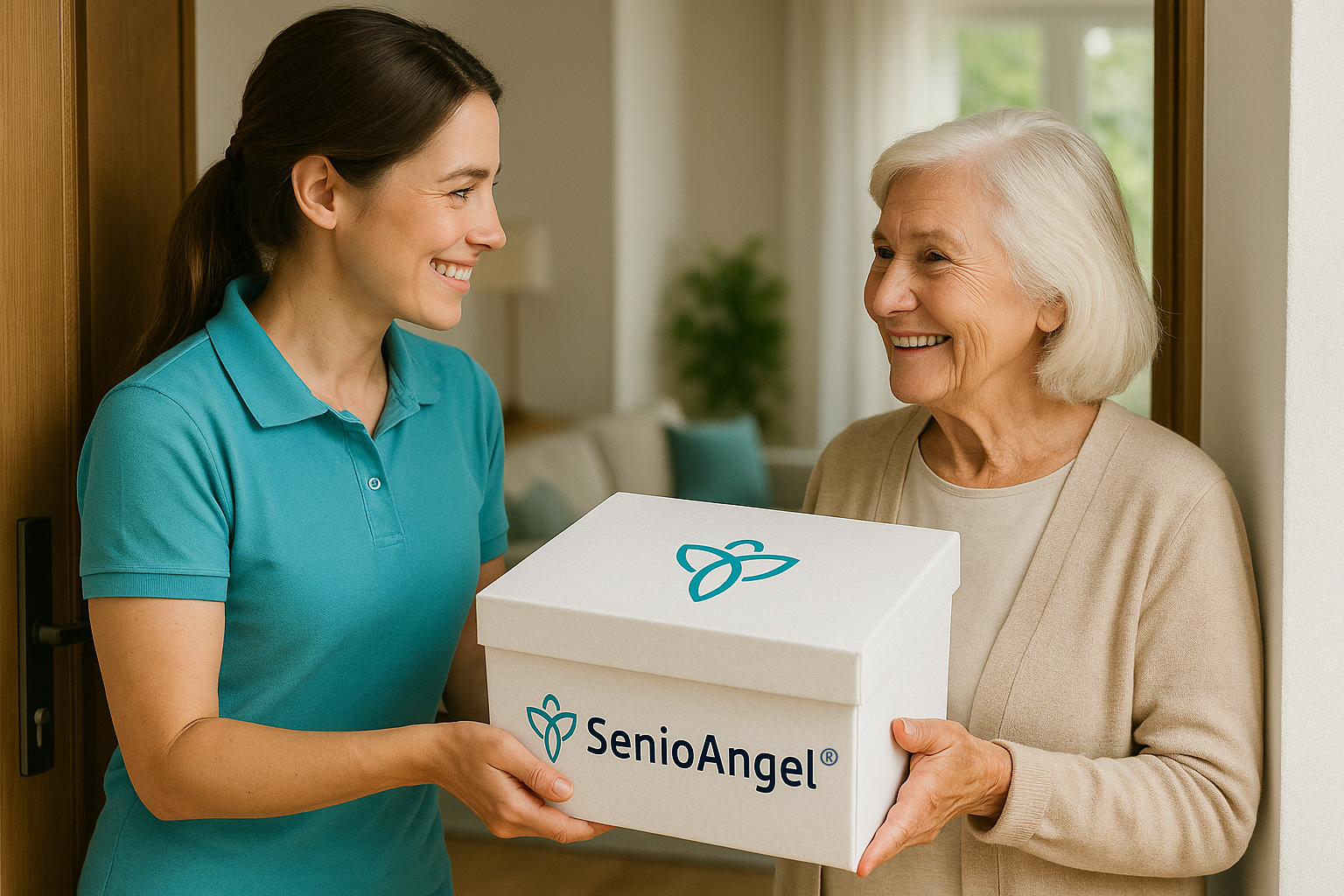 Ältere Dame erhält eine kostenlose SenioAngel®-Box mit Pflegemitteln